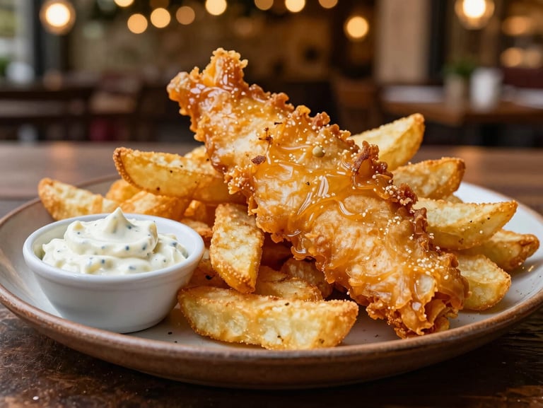 Golden crispy fish and chips served with fresh tartar sauce on a rustic platter, warm outdoor lighting