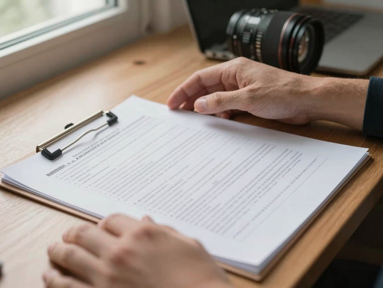 Close-up of hands resting on a home office desk, a printed policy comparison sheet with handwritten margin notes visible, natural window light from the left, documentary framing, no faces