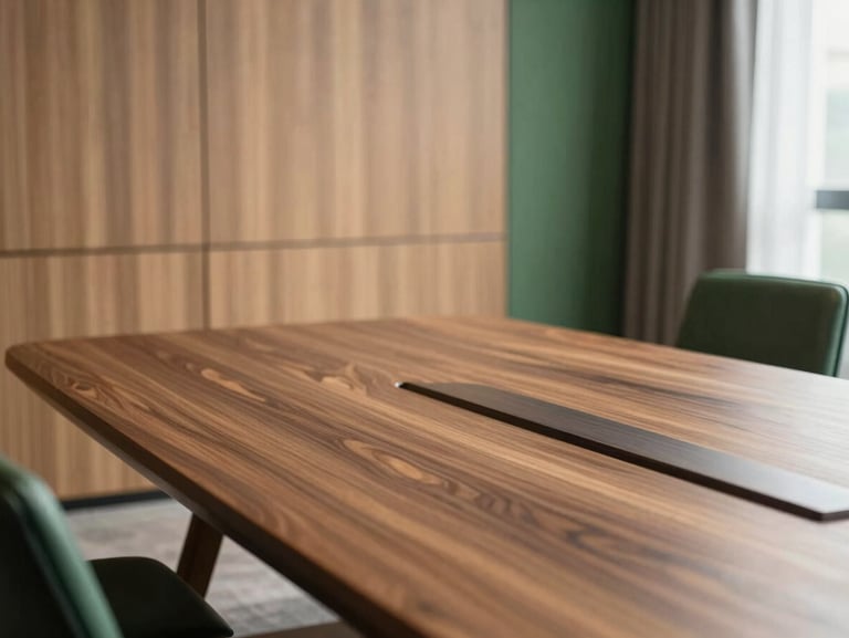 Executive boardroom table in certified freijo wood, architectural wall paneling, soft natural lighting, high-end corporate style, 35mm