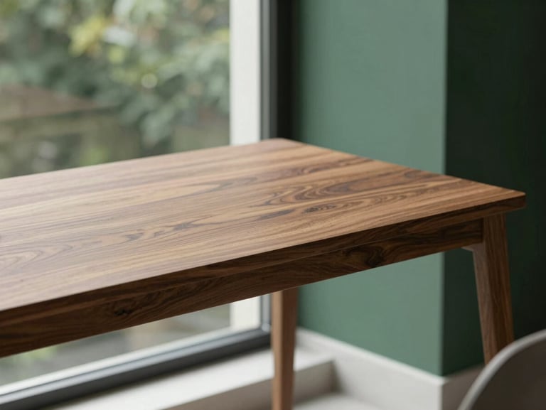 Minimalist home office desk made of solid walnut, clean cable management, soft window light, architectural lines, 35mm