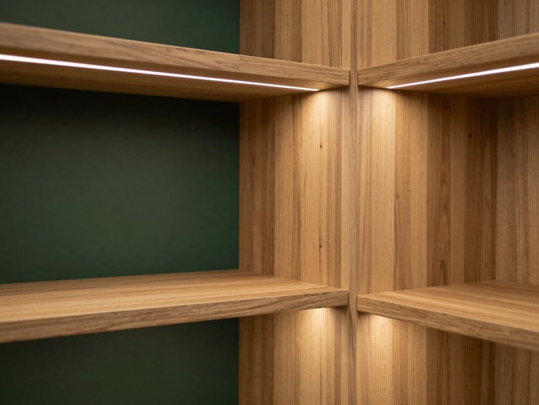 Bespoke walk-in closet with integrated warm LED lighting, natural cedar wood texture, minimalist shelving, 35mm