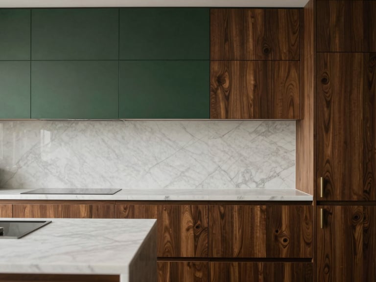Architectural shot of a luxury minimal kitchen, dark oak cabinets, white marble countertop, soft daylight, 35mm