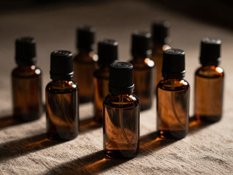 Macro close-up of dark glass fragrance bottles arranged on a textured cloth surface, warm side-lighting casting long shadows, rich jewel-tone background, editorial still life, no labels visible