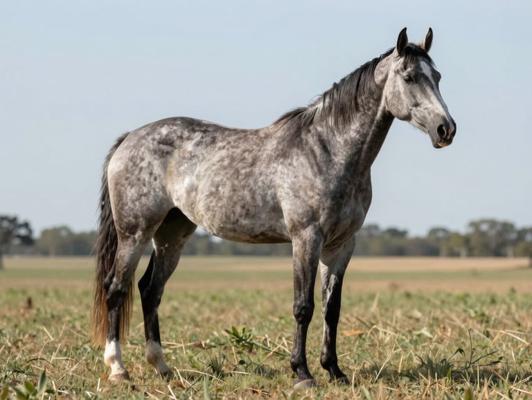 A mature quarter horse broodmare standing naturally in a wide Oklahoma pasture, strong hocks, clean legs, and deep-pedigreed presence.
