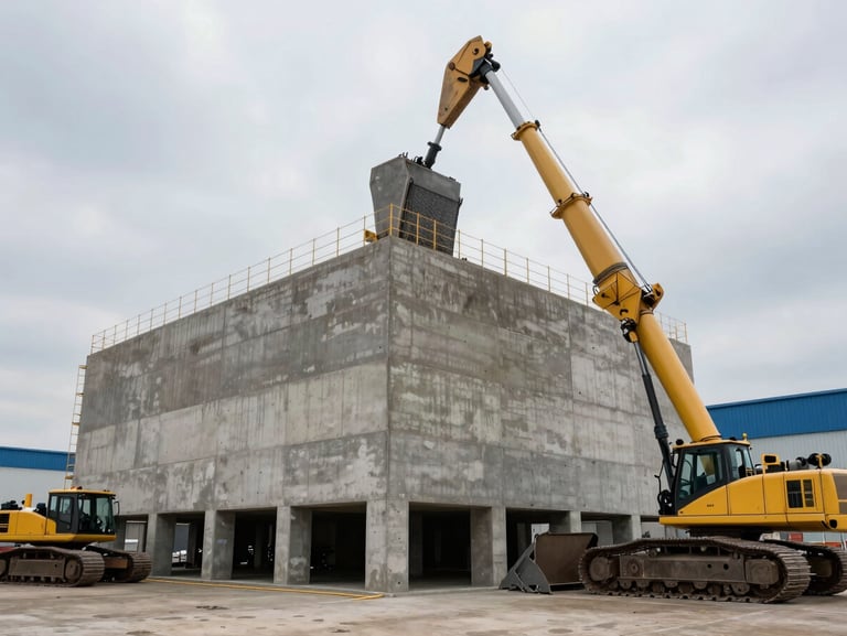 Heroic low-angle shot of a massive concrete foundation pour for an industrial logistics hub, heavy machinery active, overcast daylight