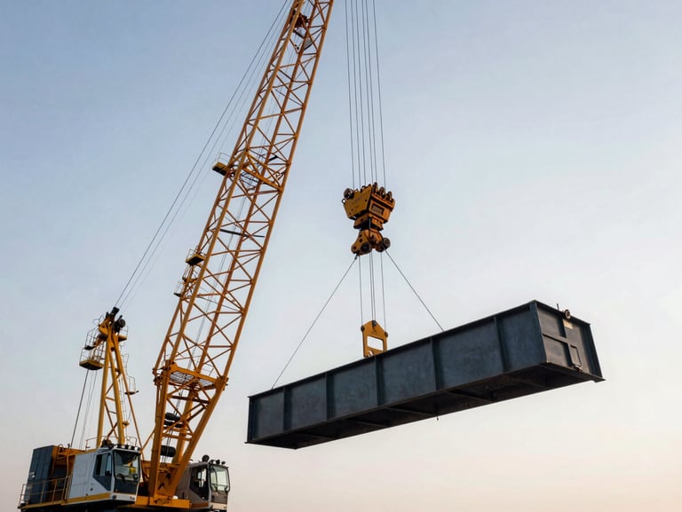 Low-angle heroic shot of a heavy-duty crawler crane lifting a structural steel beam under overcast morning skies, industrial scale, high contrast.