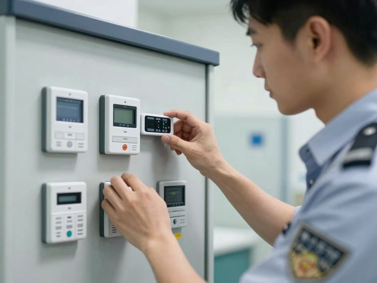 A professional security technician in clean branded gear calibrating an alarm control panel indoors, clean clinical lighting, close-up technical detail
