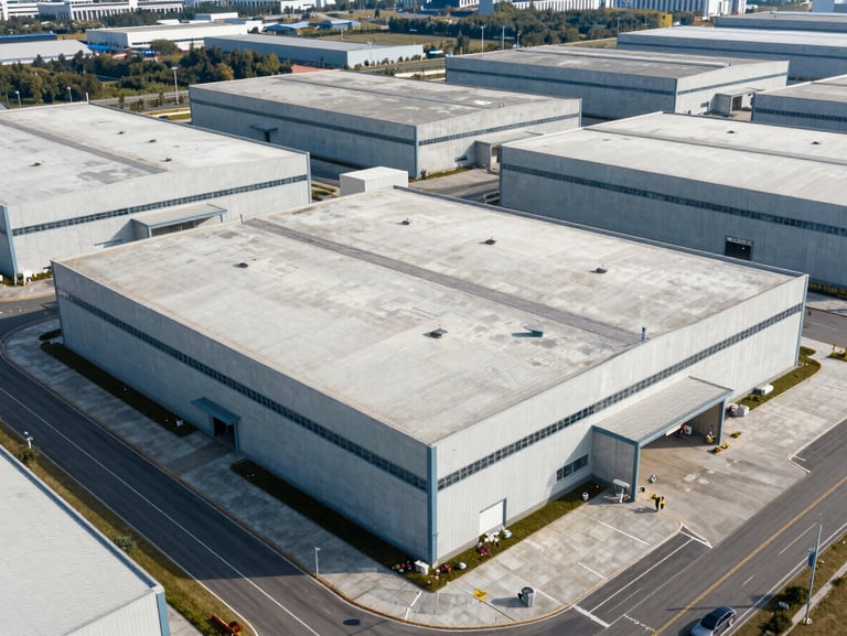 Aerial view of a modern industrial park with clean concrete logistics buildings, flat roofs, and wide access roads under bright daylight.
