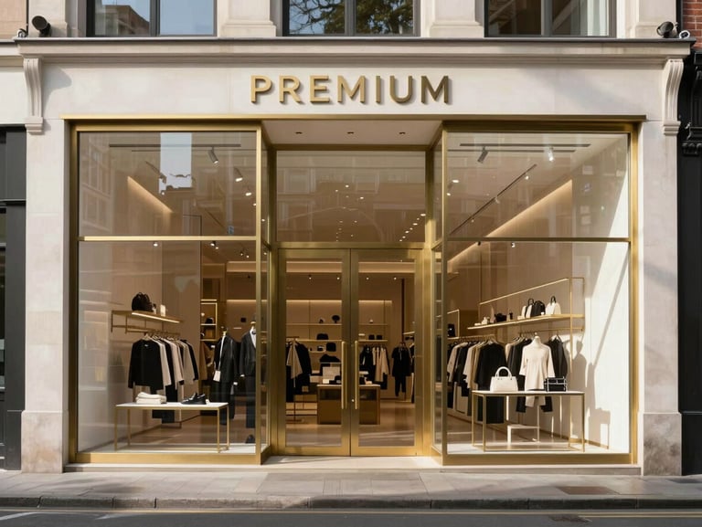 Premium street-level view of a modern retail storefront with a double-height glass facade, clean architectural lines, minimalist brass accents, daylight.