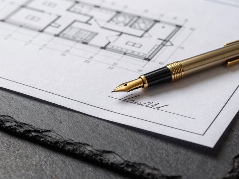 A close-up, high-contrast macro shot of architectural blueprints laid out on a dark slate desk, with a premium brass pen resting on a contract signature line.