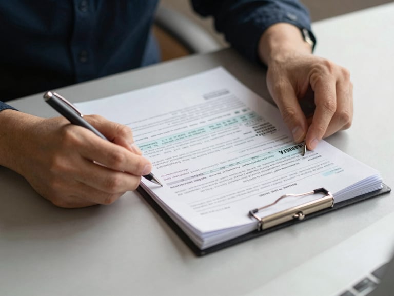 Close-up of hands organizing clean tax documents and taking notes with a pen on a soft gray desk, warm natural side lighting.