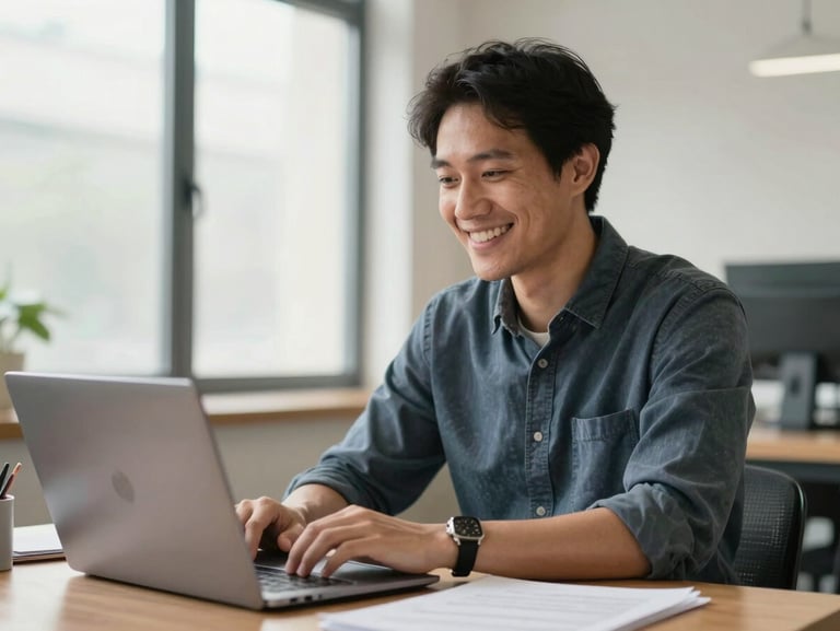 An approachable remote tax professional smiling, working at a bright workspace with a laptop and documents, warm diffused natural light, professional and friendly.