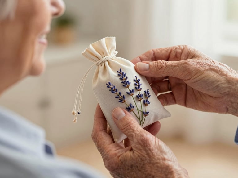 A touching close-up of a smiling elderly person's hands gently touching a handmade lavender sachet, guided by the warm hands of a therapist, soft golden indoor light