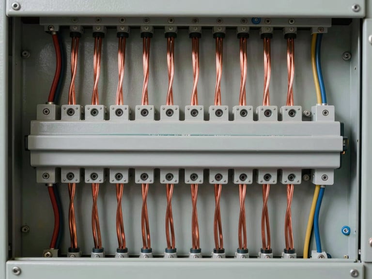 Symmetrical shot of an immaculate electrical panel, perfectly routed parallel copper wires in neat vertical lines, clean technical modernism