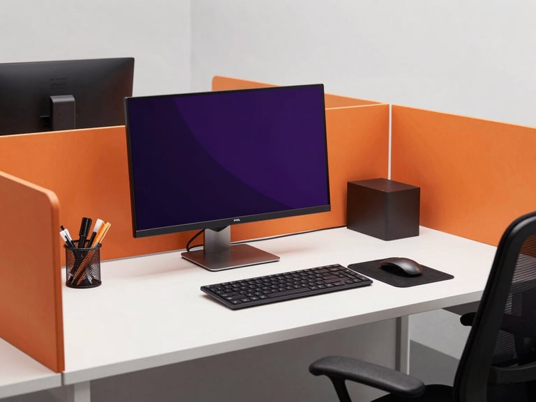 Clean, eye-level shot of a modern office desk setup with a monitor, ergonomic chair, and organized office supplies, studio lighting.