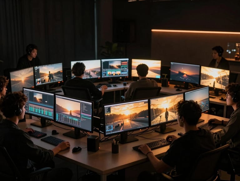 A creative team collaborating over glowing monitors in a dark studio, editing high-impact video footage with warm orange accents, wide cinematic framing