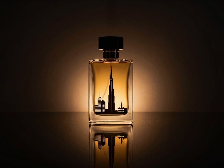 Dramatic low-key lighting on a premium perfume bottle with stylized Dubai architectural silhouettes etched in glass, amber highlights, dark reflective surface
