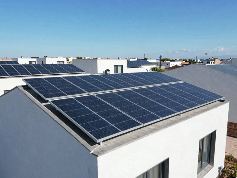 Modern residential house in Cordoba with neat solar panels integrated into the roof, clear blue sky, bright daylight