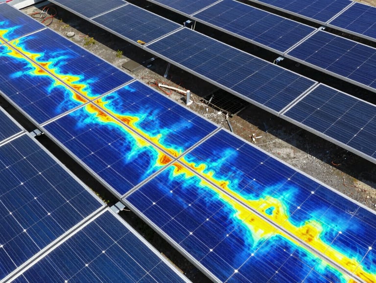 High-contrast technical thermal imaging overlay showing heat signatures on solar panels, blue and yellow color scale, sharp engineering details