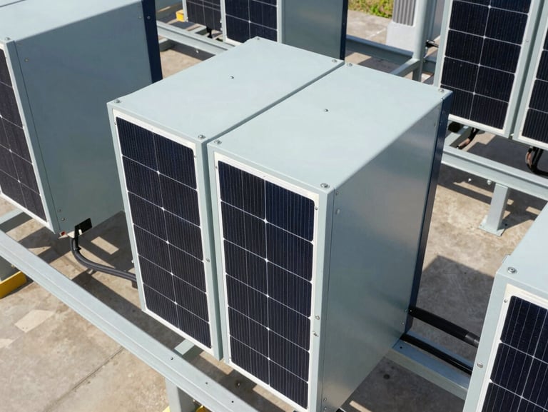 Close-up of industrial solar inverters and heavy electrical wiring inside a modern agricultural facility, clean technical lighting