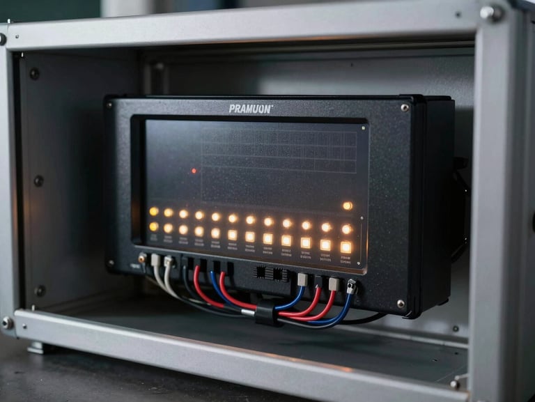 Close-up of a premium digital billboard controller unit inside an outdoor enclosure, clean wiring, illuminated status LEDs, technical precision, night setting.
