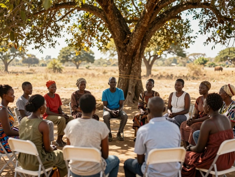 Eye-level shot of a supportive group counseling session under a large shade tree, warm natural West African sunlight.