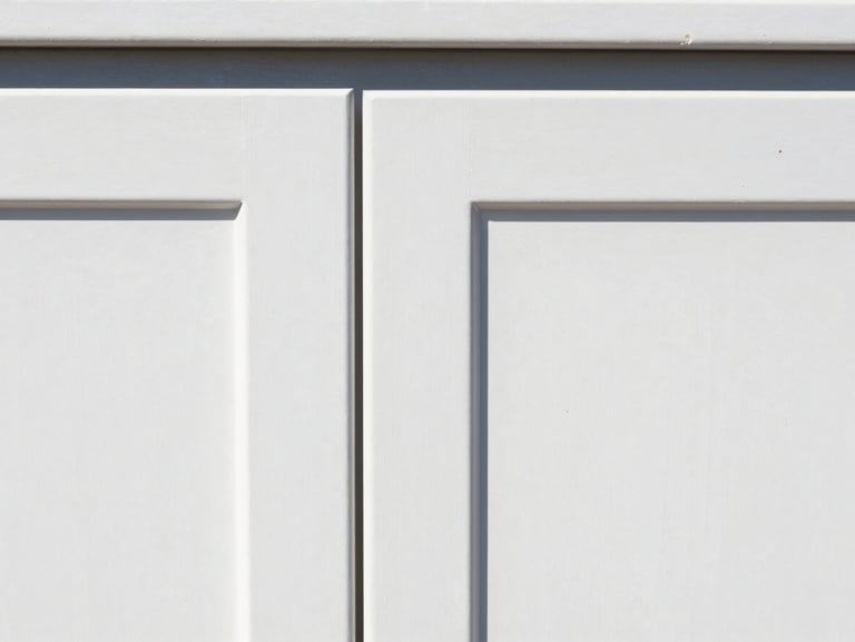 Close-up of freshly painted white cabinet doors with a perfect semi-gloss finish, clean workspace setup, bright natural daylight, 35mm.