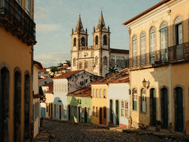 Panoramic view of Salvador Bahia historic Pelourinho, pastel-colored colonial buildings, warm afternoon sun, cinematic framing