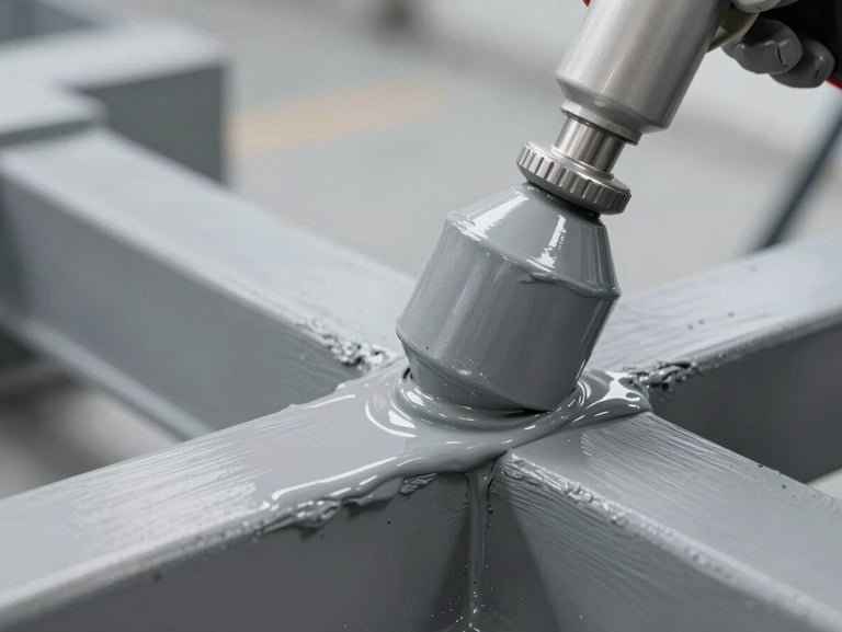 Macro photograph of a heavy airless sprayer applying a thick, uniform matte gray coating to structural steel, bright laboratory lighting