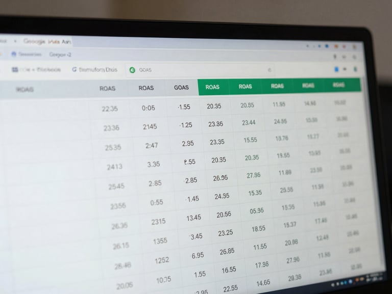Tight crop of a Google Ads dashboard on a monitor, campaign ROAS column visible with specific numeric values, no people, cool neutral office lighting, slight depth of field blur on background