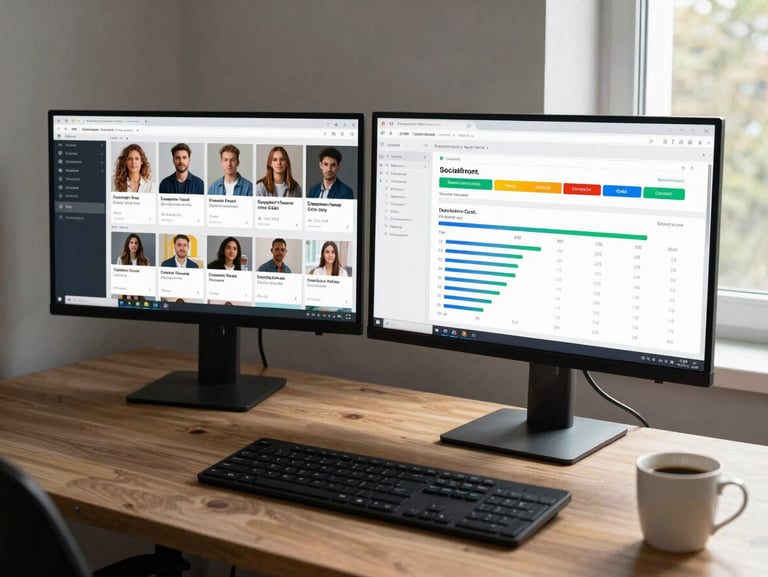 Wide shot of a desk with two monitors, one showing a social media analytics panel with engagement-to-click ratios highlighted, natural window light from the right, keyboard and coffee cup in peripheral frame