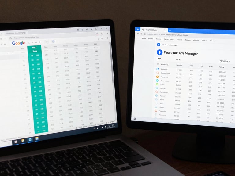 Overhead tight crop of two open browser windows side by side on a dark desk — left showing a Google Ads campaign dashboard with CPC and Quality Score columns highlighted in teal, right showing a Facebook Ads Manager with CPM and frequency data, neutral office lighting, no hands visible, sharp focus on the numbers
