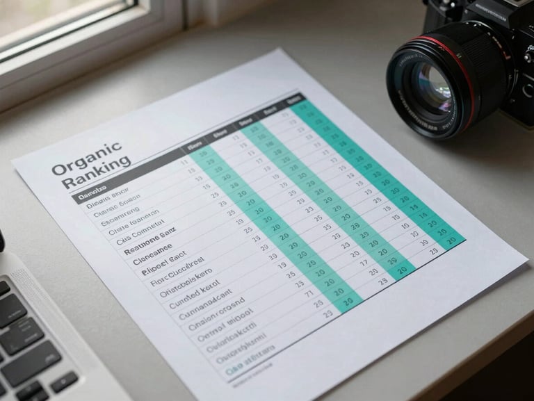 Overhead flat-lay of printed organic search ranking report, rows of keywords with position numbers highlighted in teal marker, matte desk surface, natural window light from the left