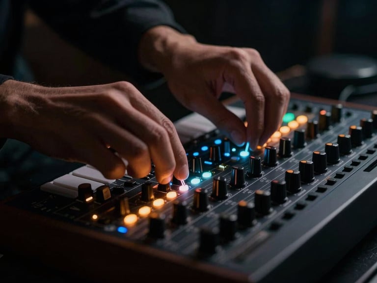 Cinematic close-up of hands adjusting glowing modular synthesizer patches, low-key studio lighting, deep shadows with amber neon accents, shallow depth of field, 35mm