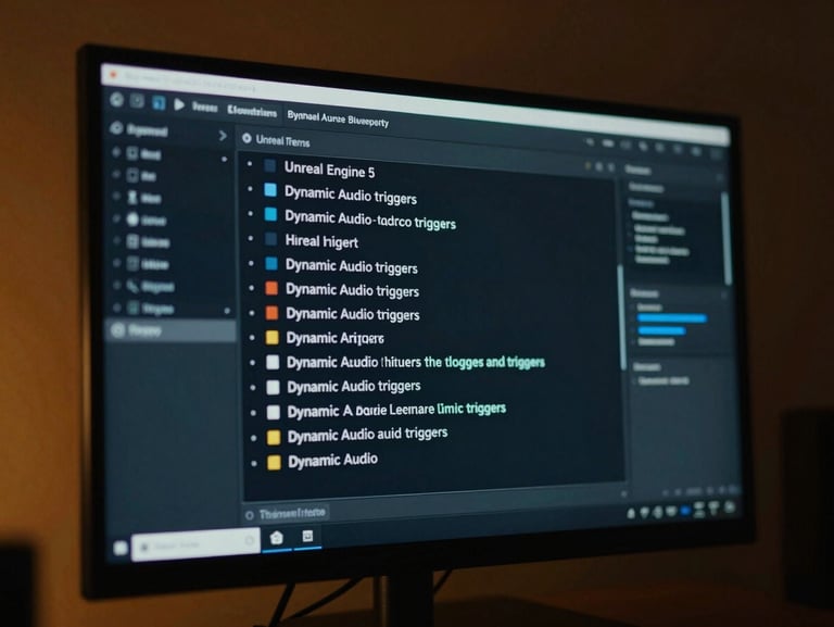 Cinematic close-up of a dark studio screen showing an Unreal Engine 5 blueprint for dynamic audio triggers, soft amber ambient glow