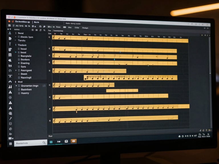 Wide screenshot of a complex Wwise session with nested music segments and transition matrices, glowing amber interface on a dark screen, technical precision