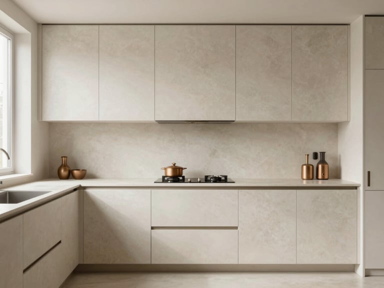 Straight-on architectural elevation of a minimalist kitchen, travertine cream cabinets, brushed bronze fixtures, natural soft light from a side window, immaculate and clean.