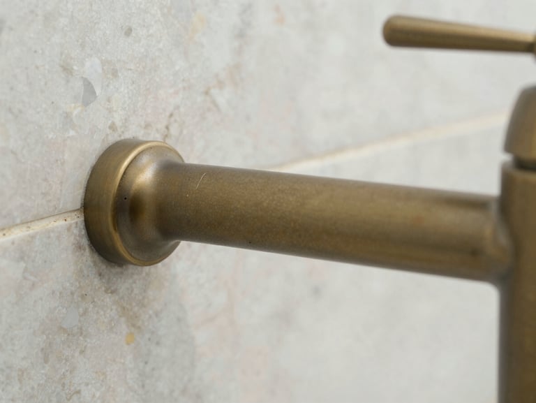Macro close-up of a brushed bronze faucet aligned perfectly with a travertine tile joint, soft natural side-light, highlighting the matte metallic texture.