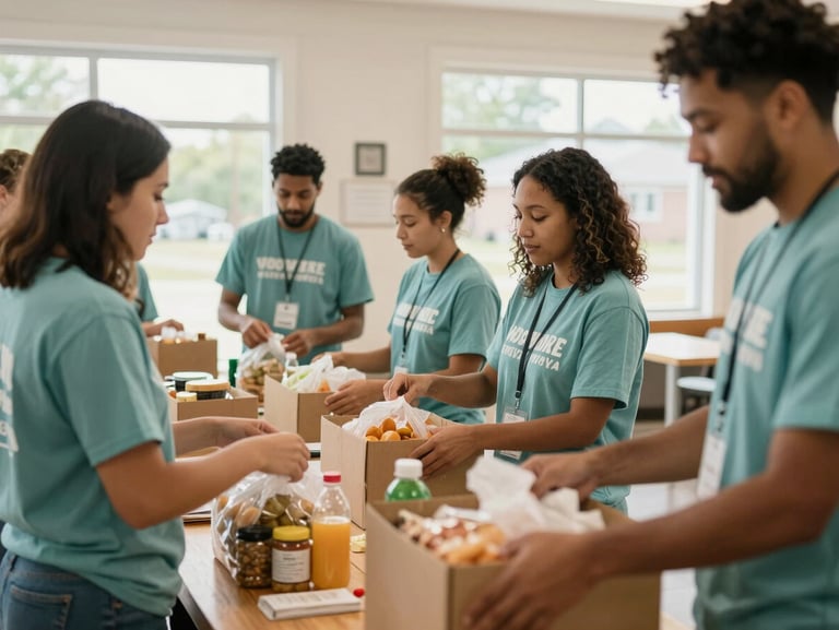 Candid medium shot of community volunteers organizing food and essential supply drives in a bright, welcoming Indiana neighborhood center, soft natural daylight, warm tones.