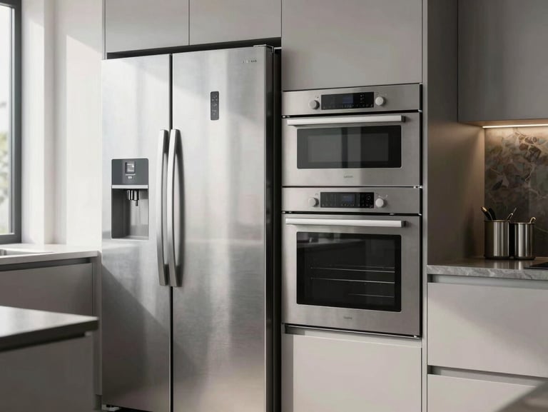 A clean modern kitchen with a premium built-in refrigerator and oven, stainless steel surfaces, soft natural light