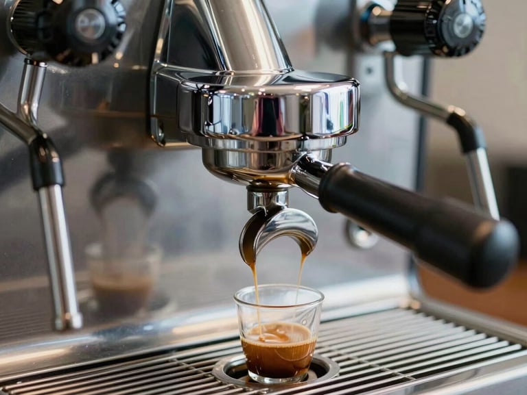 Close-up of a shiny chrome espresso machine group head pouring espresso, clean steam wand, technical precision