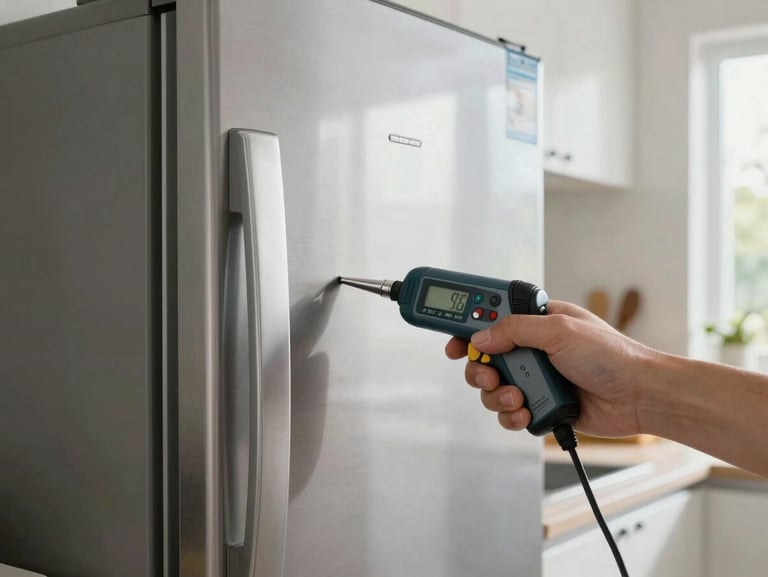 Close-up shot of a modern clean stainless steel refrigerator door being calibrated with precise electronic tools, bright natural daylight, clean kitchen interior.