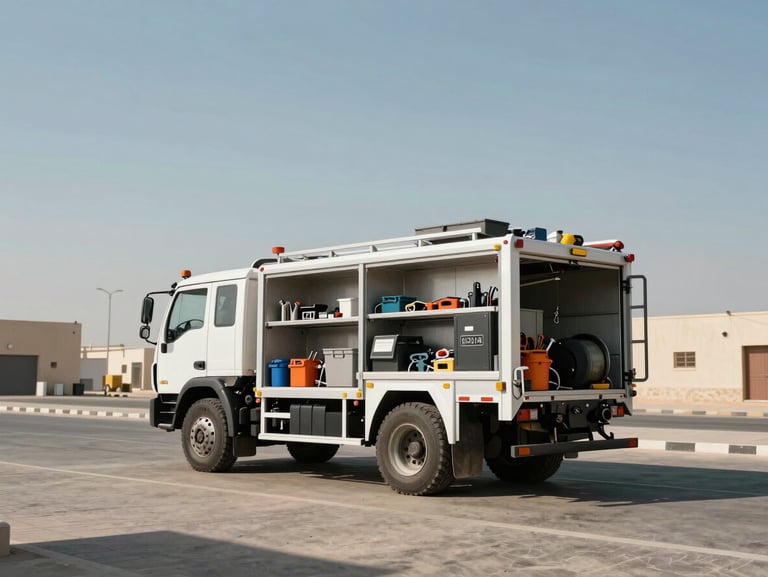 Wide panoramic 21:9 shot of a heavy-duty service truck parked outside Shop 44 in bright Dammam daylight, tools visible in the open back, expansive sky.