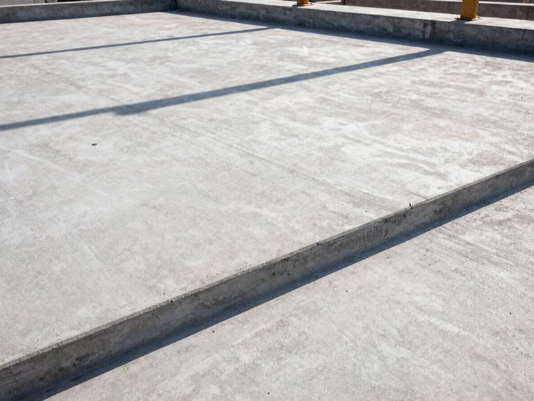 Wide-angle architectural shot of a finished commercial concrete foundation slab in Birmingham, harsh midday sun casting deep geometric shadows on the textured concrete, 35mm.