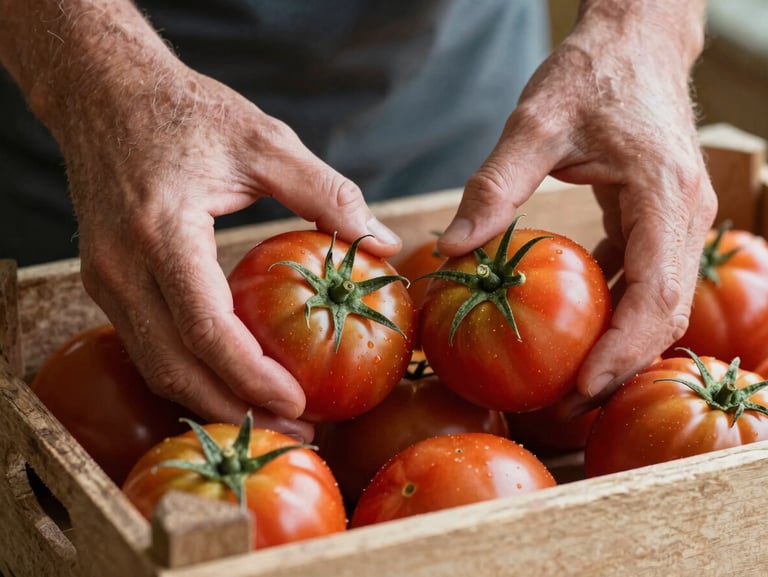 Macro detail shot of rustic hands sorting organic heirloom tomatoes in a wooden crate, soft natural light highlighting textures.