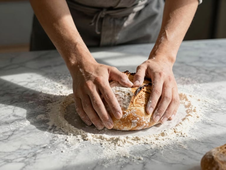 Landscape shot of hands kneading sourdough bread on a flour-dusted marble counter, soft morning light casting long shadows, warm tones.