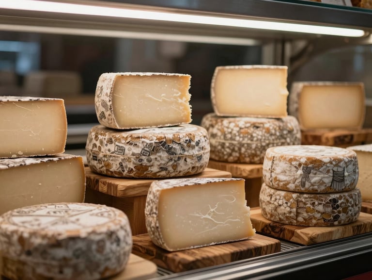 Close-up of an artisan cheese counter with soft overhead lighting, showcasing textured cheeses and rustic wooden boards.