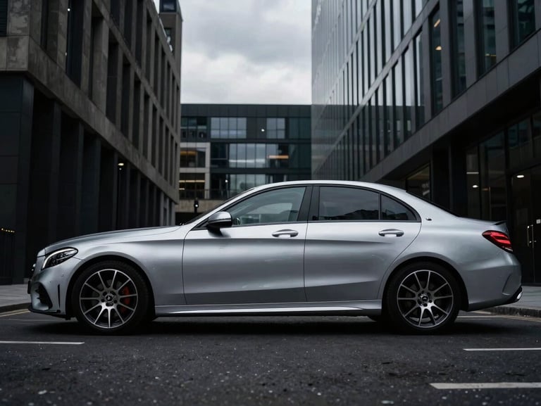 Wide-angle profile shot of a silver Mercedes C-Class parked against modern South London architectural background, overcast dramatic light, 35mm lens