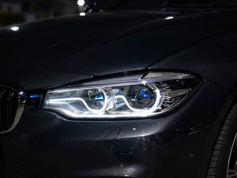 Tight macro shot of a metallic black BMW 3 Series headlight, sharp silver reflections, moody night streetlights, 35mm lens