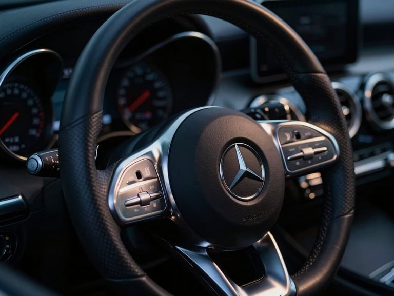 Close-up of a black Mercedes-Benz steering wheel with metallic trim, dramatic low-key night lighting